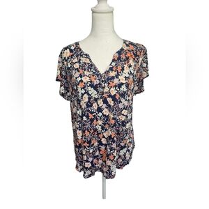 Liz Claiborne Blue and Pink Cap Sleeve V-neck Rayon Summer Pullover Large